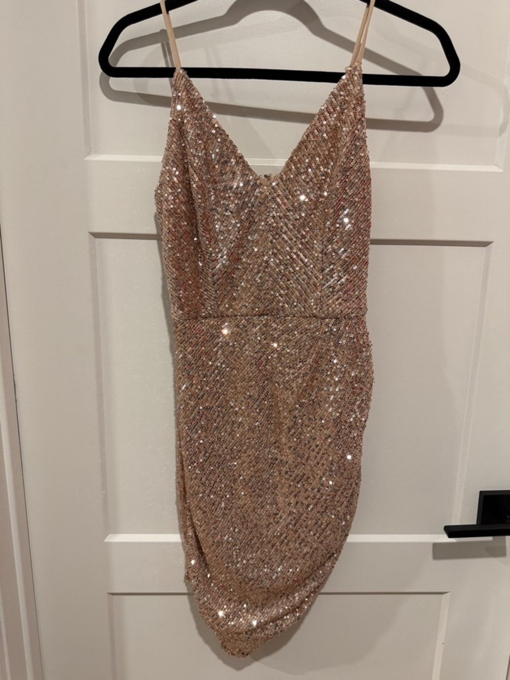 Sparkling Rose Gold Sequin Mini Dress with Spaghetti Straps